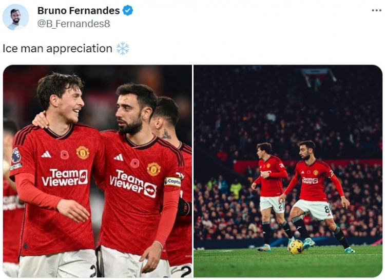 打入唯一进球!B费社媒晒与林德洛夫庆祝合照:感谢冰人!