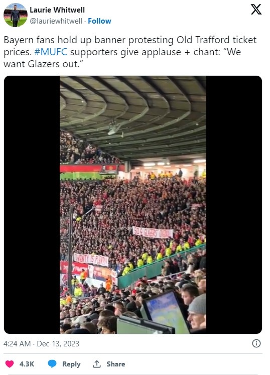 拜仁球迷拉横幅抗议格雷泽票价定太高，曼联球迷鼓掌：格雷泽滚蛋