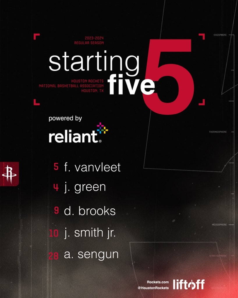 对阵步行者！火箭首发：范乔丹、杰伦-格林、狄龙、小史密斯、申京