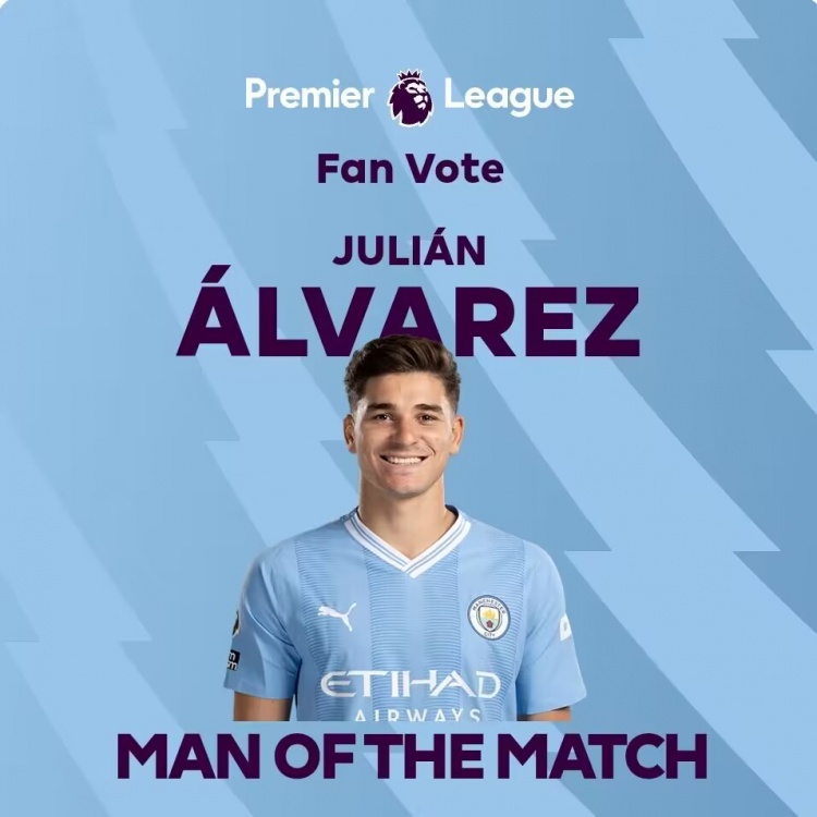 1进球&4射正,英超官方:阿尔瓦雷斯当选曼城vs埃弗顿全场最佳