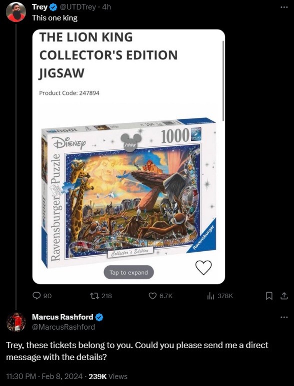 比吧友慢了!拉什福德揭晓拼图是狮子王,并送出两张门票