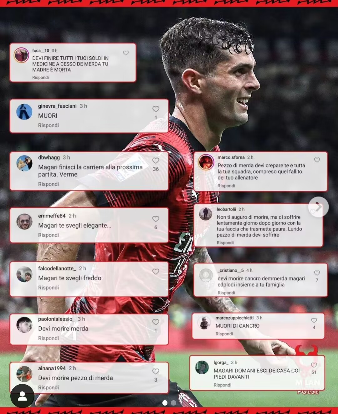 普利西奇造红牌引争议,在社交媒体上被拉齐奥球迷死亡威胁