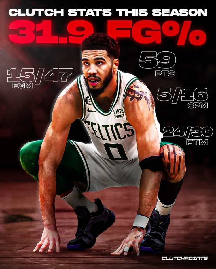 塔图姆本赛季关键时刻47中15 命中率低至31.9%其中三分16中5