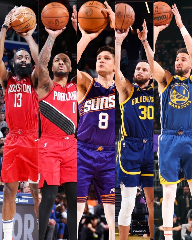 单季至少7次单场8+三分球员：库里 哈登 利拉德 克莱 格雷森-阿伦