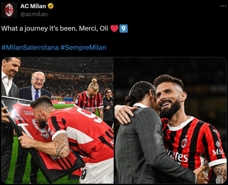 AC米兰官推晒照告别吉鲁:一段非凡的旅程,感谢你,奥利