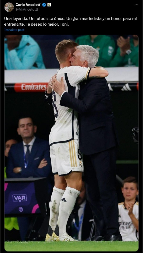 安切洛蒂社媒晒与克罗斯合影:一位传奇,有机会执教你是我的荣幸