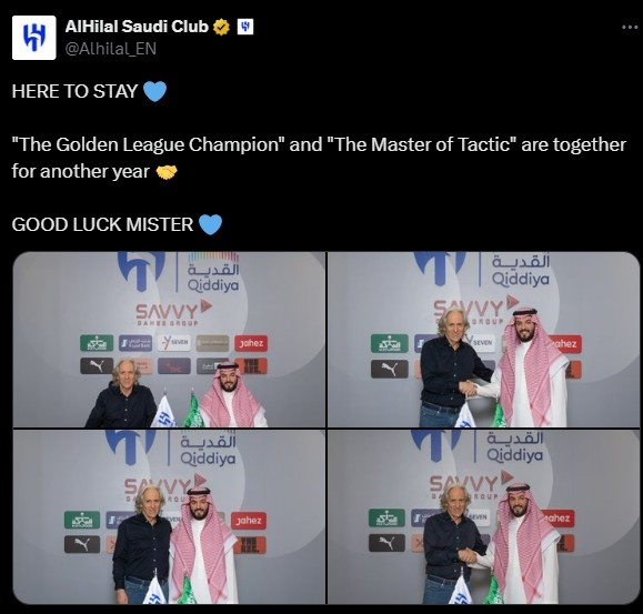 率队联赛不败夺冠!官方:利雅得新月与主帅热苏斯续约一年