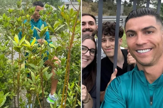 太阳报:C罗越过灌木丛与围栏外的球迷进行合影