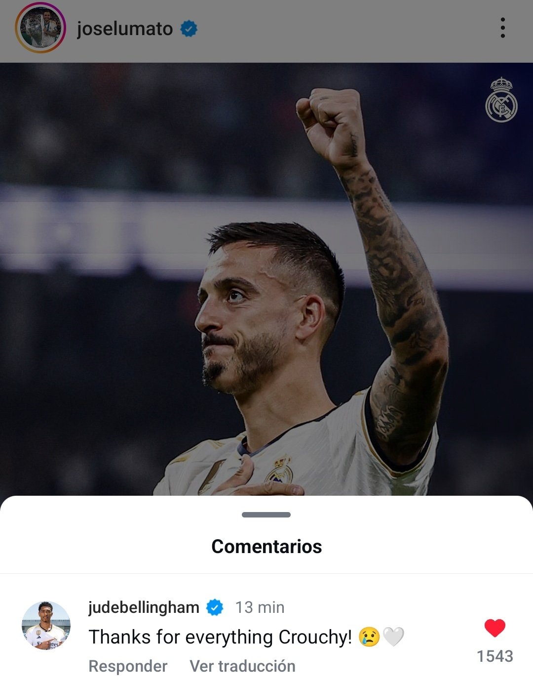 贝林厄姆社媒晒照告别何塞卢,配文:感谢你所做的一切!