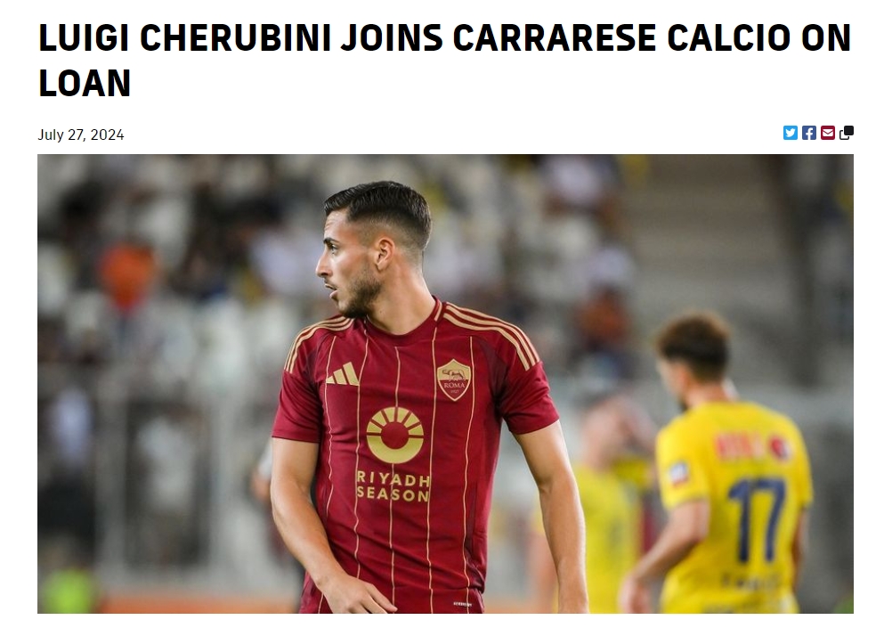 官方:罗马前锋路易吉-切鲁比尼租借加盟意丙球队凯勒雷斯