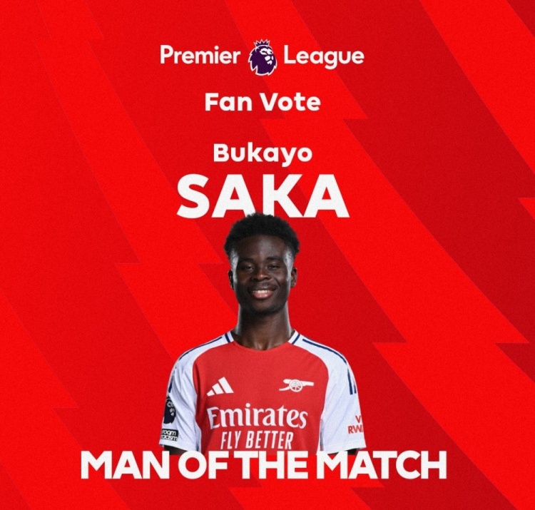 传射建功!英超官方:萨卡当选阿森纳2-0狼队全场最佳