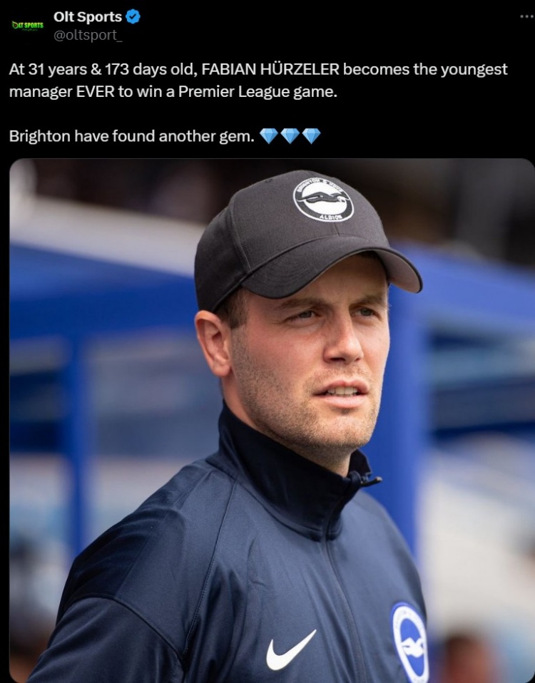 31岁赫尔泽勒取得布莱顿执教生涯英超首胜,创最年轻主帅纪录